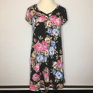 TEE FOR THE SOUL Black Pink Blue Floral Flowy Swing Dress Medium
